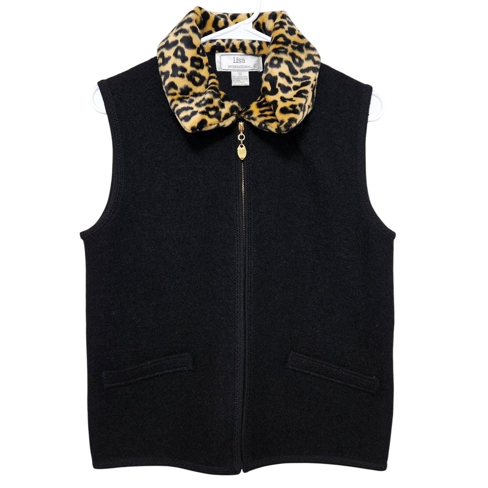 Lisa International Boiled Wool Vest Small‎ AS-IS Project Piece Leopard Trim Read